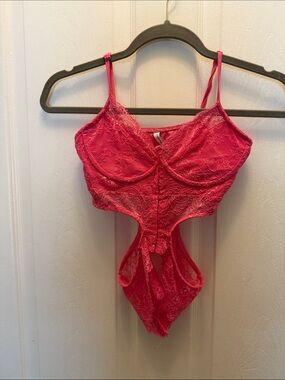 Lace Cutout Chemise Bodysuit in Hot Pink